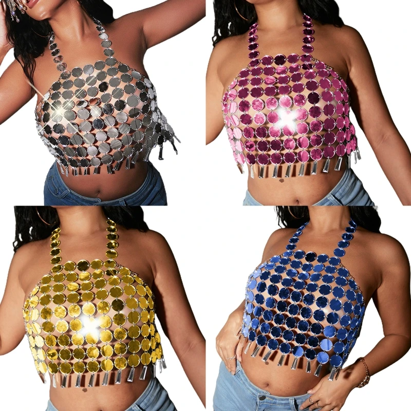 

Блестящие Блестки, яркая цепочка, праздничные блестки, Летняя Вечеринка, бикини, Холтер, жилет, клубный топ на бретельках, украшения для тела