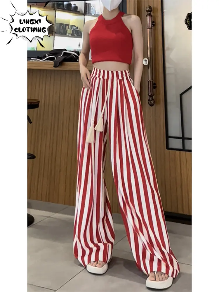 High Elastic Panty Summer New Leisure Sports Striped Loose Large Size High Waist Straight Pants Harem Pants Women Sweatpants