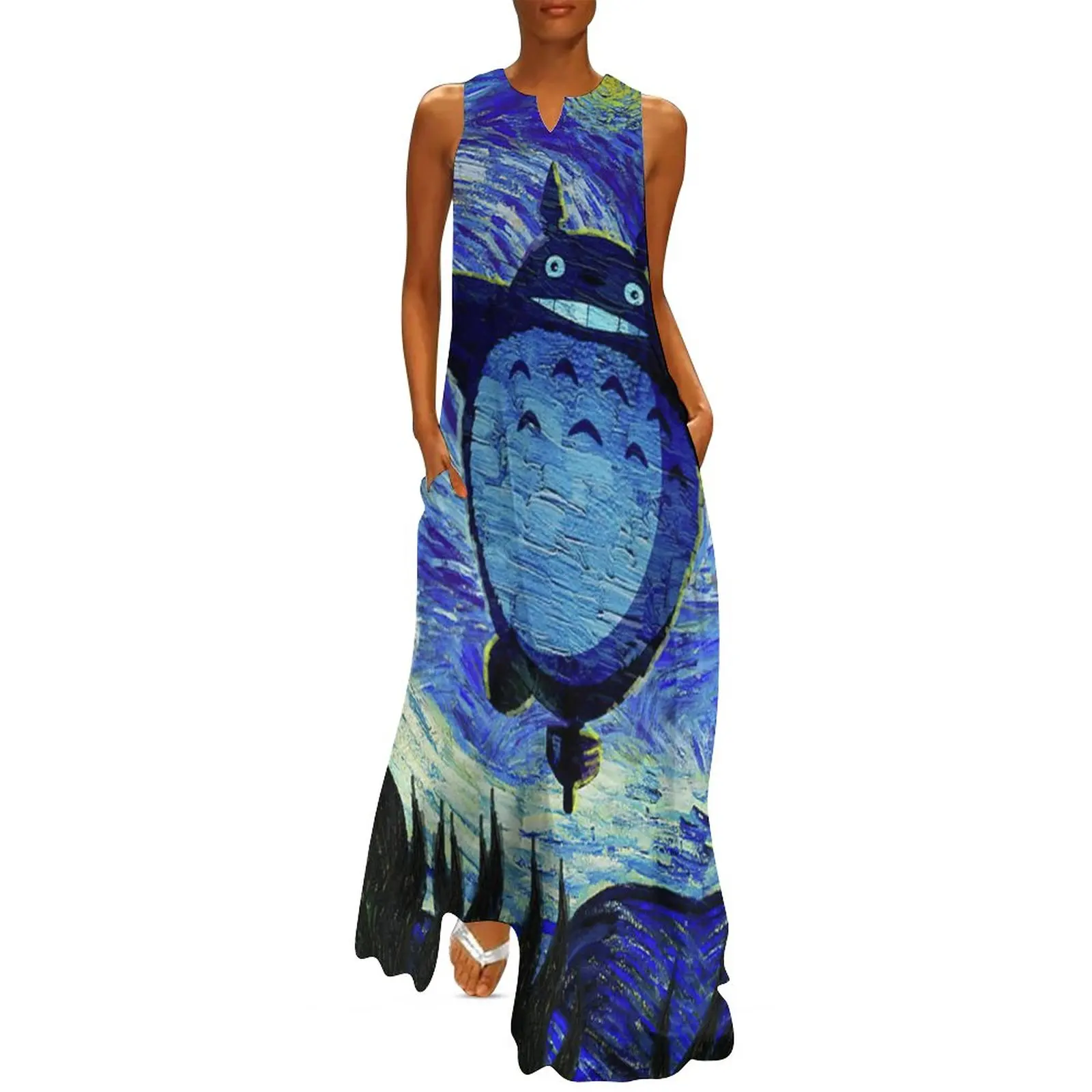 

Cartoon Totoro Dress Summer Starry Night Van Gogh Aesthetic Bohemia Long Dresses Woman Sexy Maxi Dress Birthday Gift