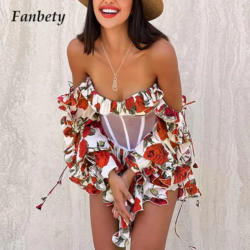 

Leisure Holiday Style Spring Summer Women Dress Sexy Strapless Perspective Tunic Dress Fashion Floral Print Pleated Ruffle Dress