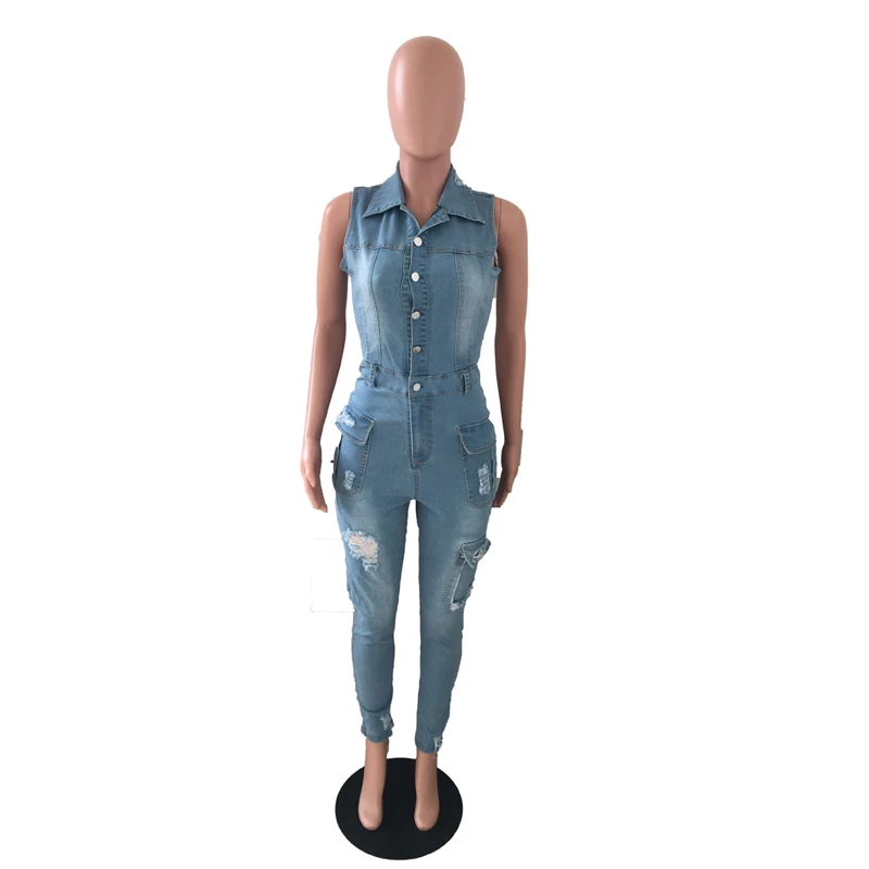 

Casual Sleeveless Ripped Denim Overalls Tight Jumpsuit Women 2023 Jeans Playsuit Summer Cotton Jump Suit Party Club Cargo Pants