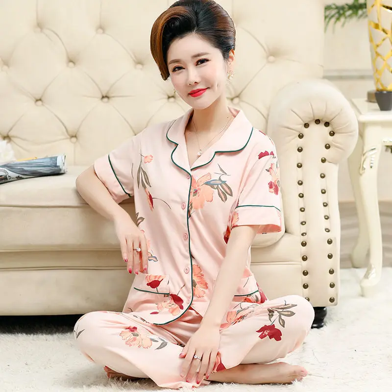 Женская пижама на пуговицах кардиган с принтом и брюки для женщин среднего