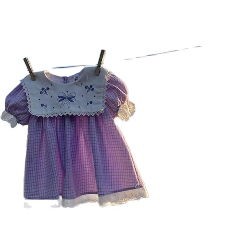 

Платье принцессы для девочек, весна-лето, в клетку, в иностранном стиле, детское Сетчатое короткое милое платье с пышными рукавами, фиолетов...