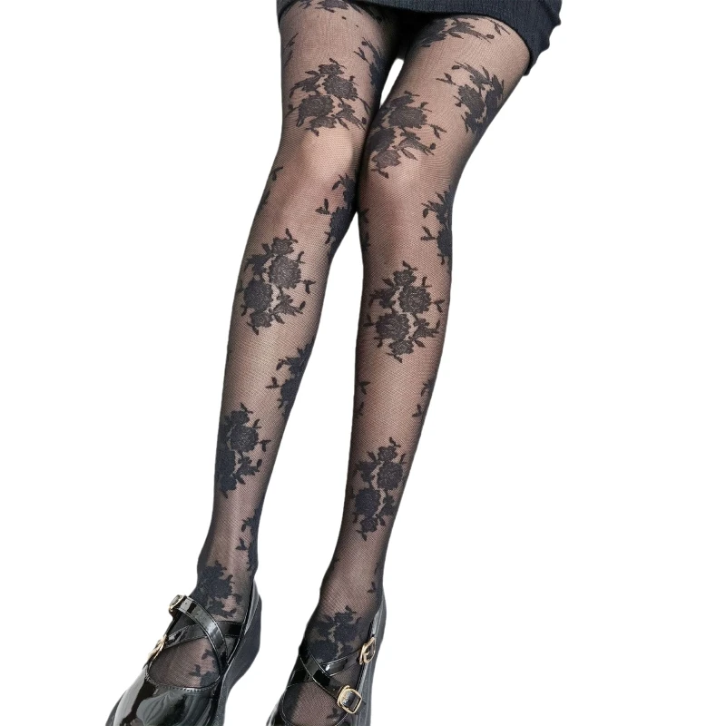 

Women Floral Lace Stockings Sexy Sheer Flower Tights Rose Pattern Socks Soft Stretchy Pantyhose Maid Cosplay Costumes