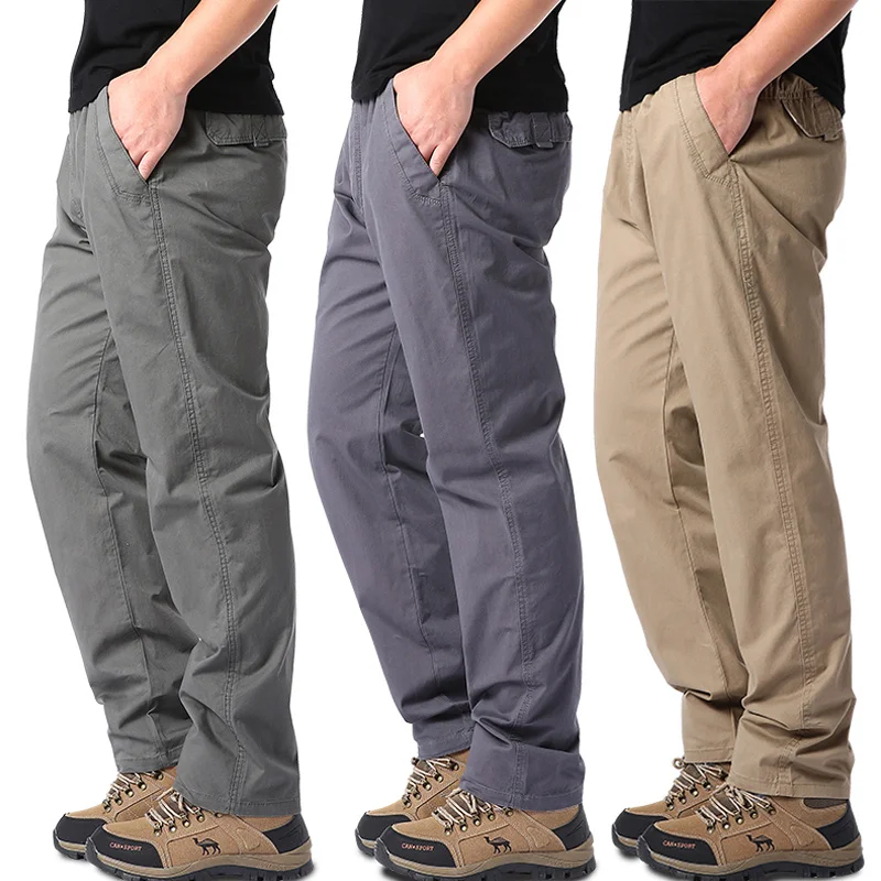 

Men's Summer Casual Pants Cotton Thin Style Overalls Elastic Waist Outdoor Sports Loose Work Pants Trend Solid Color Pants