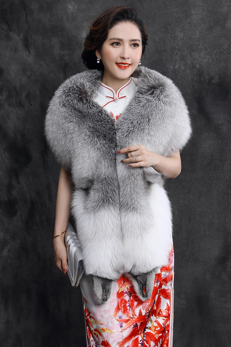 Genuine Fox Fur Shawl Fashion Evening Dress Fox Fur Scarf Women Luxury Big Fox Skin Warm Scarf Natural Raccoon Fur Stole