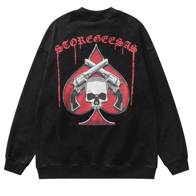 

Hip Hop Sweatshirt Hoodie Vintage Skull Skeleton Letter Print Crewneck Sweatshirts 2022 Harajuku Cotton Distressed Wash Hoodies