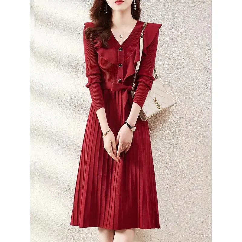 

Autumn Winter Long Sleeve Party Dress Women V-Neck Ruffles Red Knitted Pleated Dress Elegant Sweater Dresses Ladies Clothes