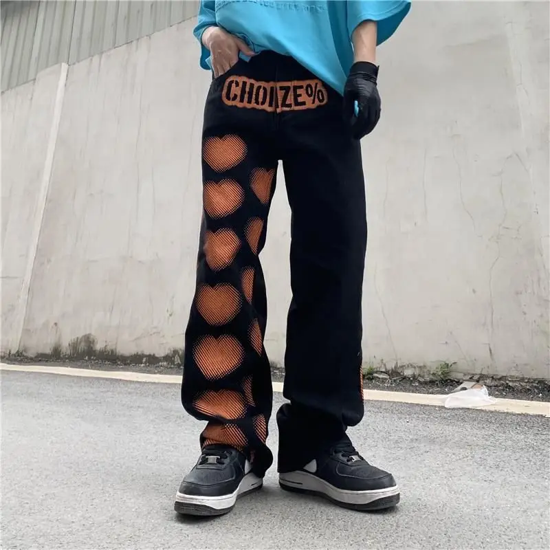 

American high street hiphop pants love graffiti jeans men's hip-hop oversize loose grunge straight denim trousers for men women