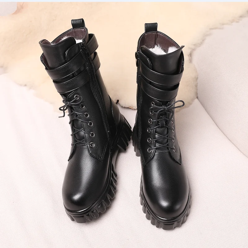 AIYUQI Women Winter Boots 2023 New Platform Genuine Leather Women Middle Boots Wool Warm Biker Boots Women