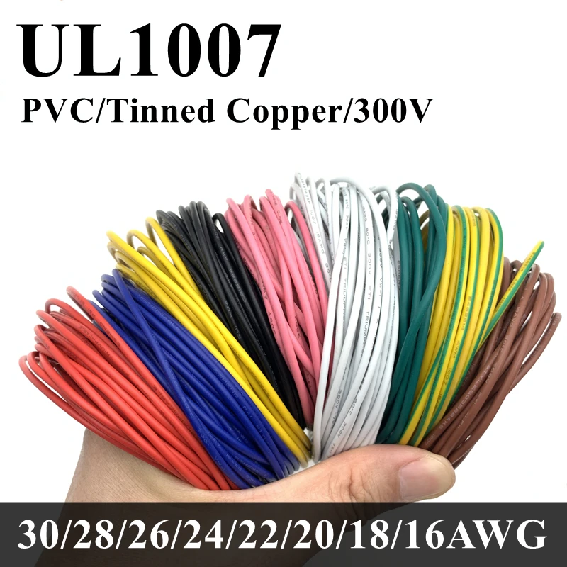 

10M UL1007 PVC Tinned Copper Wire Cable 16/18/20/22/24/26/28/30 AWG White Black Red Yellow Green Blue Gray Purple Brown Orange