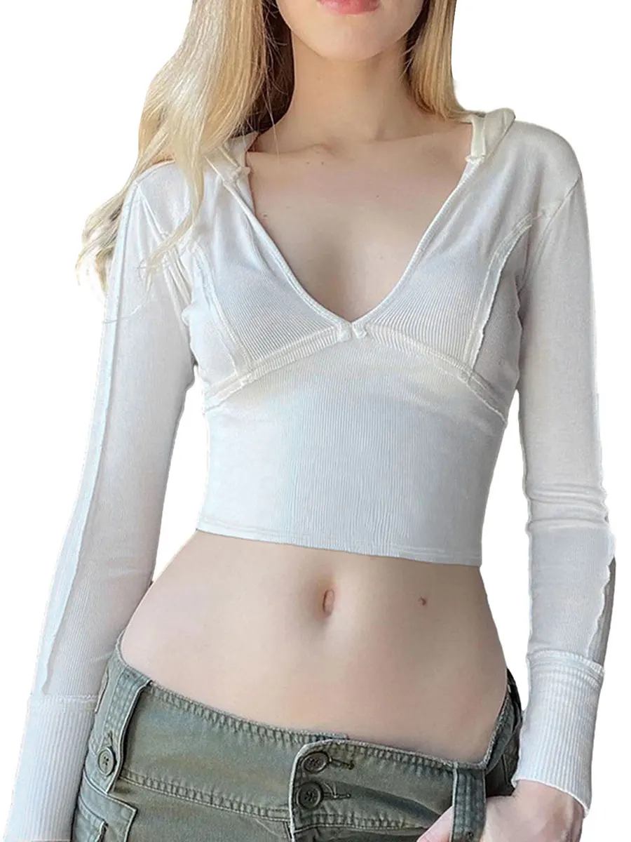 

Женские укороченные топы с капюшоном Louatui, однотонная облегающая футболка с длинным рукавом и глубоким V-образным вырезом, блузка