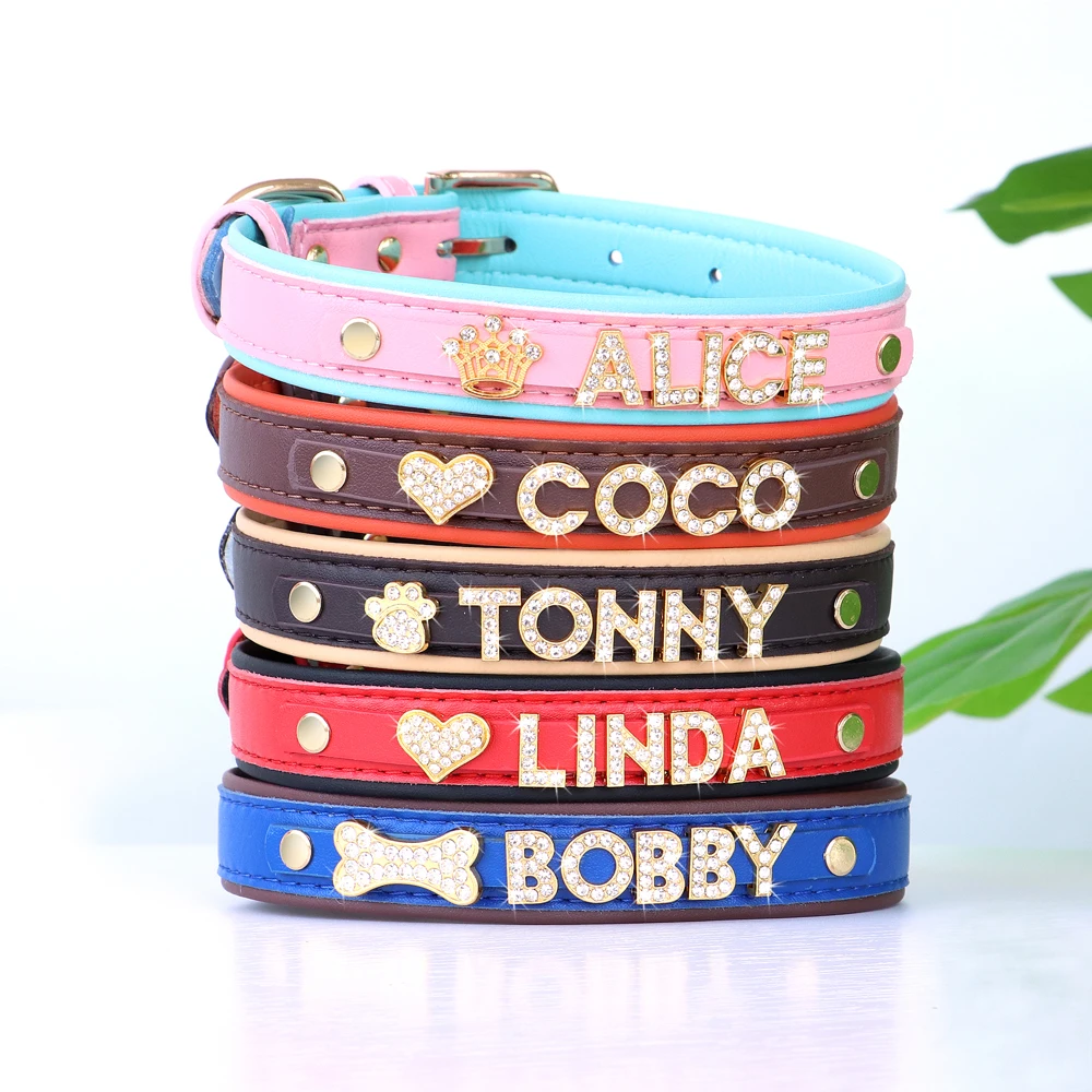 Personalized Dog Collar DIY Puppy Cat ID Collars Necklace Bling Rhinestone Bone Heart Charm Free Name Letter For Dogs Cats