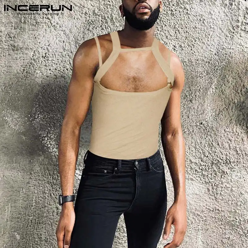 

INCERUN Men Tank Tops Solid Color O-neck Sleeveless Fashion Skinny Irregular Vests Men 2022 Streetwear Casual Sexy Men Clothing