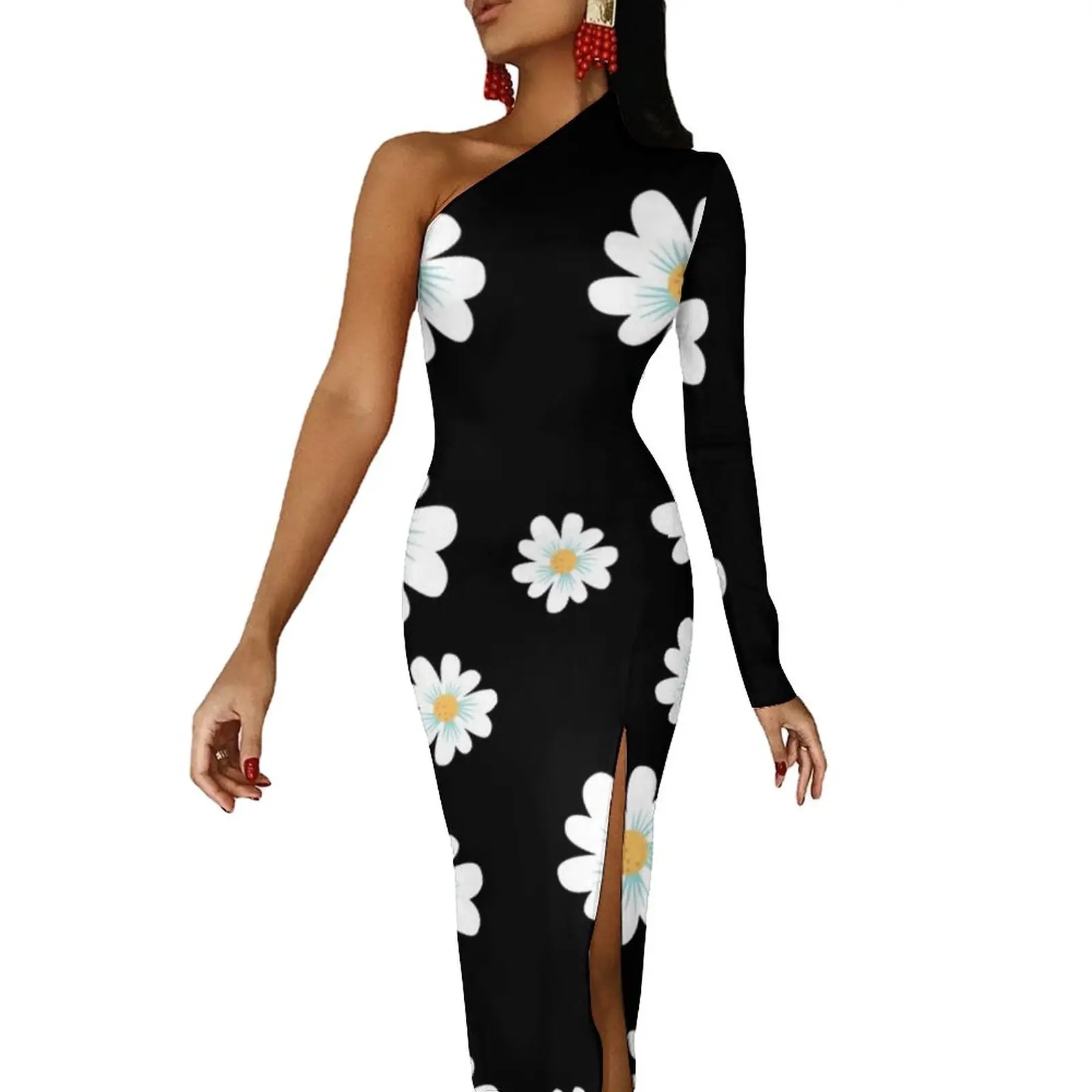 

Beautiful Daisy Side Split Bodycon Dress Female Daisies Flowers Print Club Maxi Dress Autumn Long Sleeve Streetwear Dresses