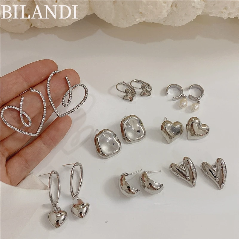 

Bilandi Modern Jewelry Geometric Heart Earrings Popular Style Hot Sale Shiny Silvery Color Drop Earrings For Women Girl Gifts