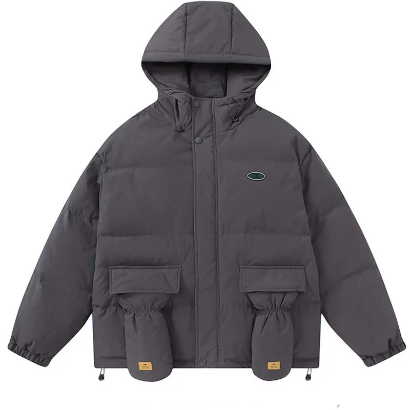 

Men Harajuku Hooded Parkas Causal Solid Three-dimensional Pockets Thick Coat Loose Patch Simple Unisex Outwear Winter Streetwear