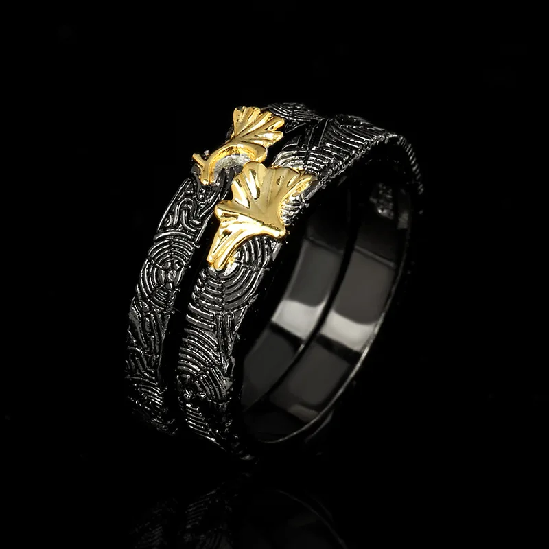 

CIZEVA 925 Sterling Silver Ring Set for Women 2PCS Black Gold Rings Vintage Geometric Fashion Jewelry Anniversary Gift