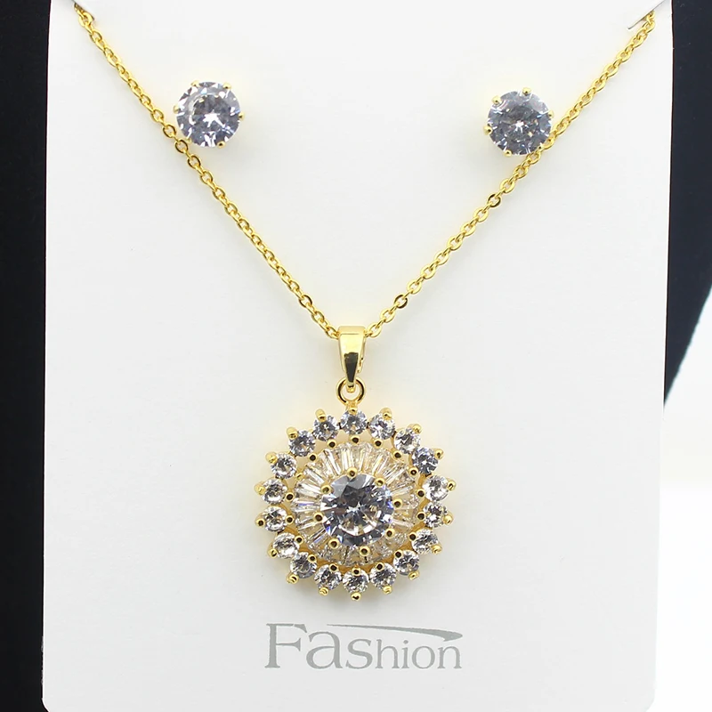 

SIQIJIU New Micro Wax Inlay Round Flower Long Pendant Natural Zircon Stud Earrings Necklace Set 18 K Gold Luxury Fashion Jewelry