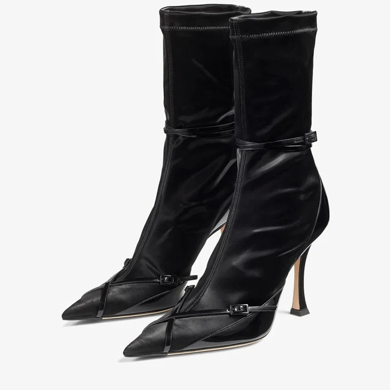 New Sexy Belt Buckle Elastic Ankle Boots Thin High-heeled Pointed Toe Color Fashion High-heeled Shoes Women's Shoes Large Size43