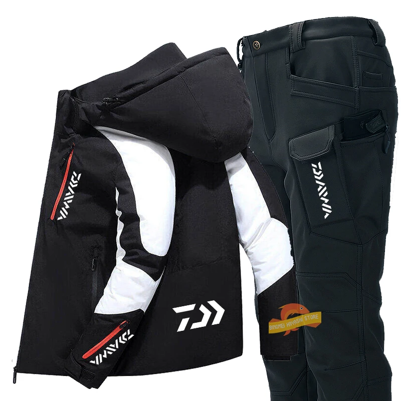 

DAIWA For Autumn and Winter Men's Thickened Fishing Suits Daiwa Outdoor Windproof Hooded Warm Jacket + Fleece Tactical Pants