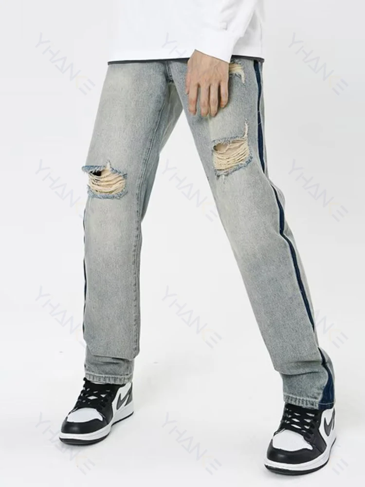 Vintage High Street Hip Hop Tattered Jeans Oversized Side Striped Straight Denim Pants Washed Knee Ripped Denim Jeans for Men