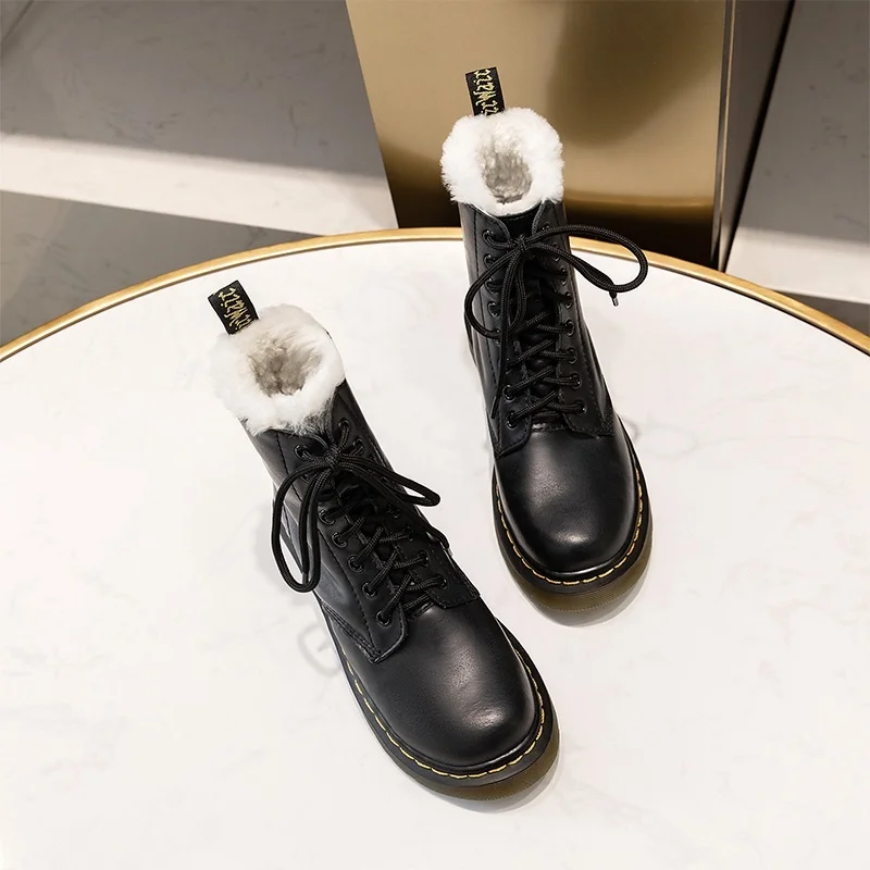 

Women Martin Lace-Up Shoe Cow Leather Winter Ankle Boots Warm Wool Inside Designer Ladies Footwear Classic Style