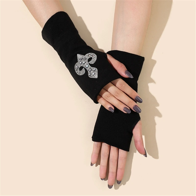 

Knit Flapper Gloves for Dinner Party Dress Women's Gloves with for rhinestone Pattern Elastic Solid Color Half-finger Gl
