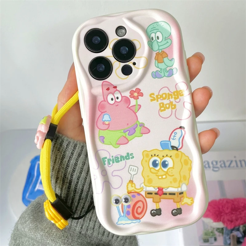 For Samsung Galaxy S25 S24 Ultra S23 S22 FE S21 S20 S10 S9 S8 Plus SpongeBob Patrick Star Phone Case Move Eyes Wave Strap Cover