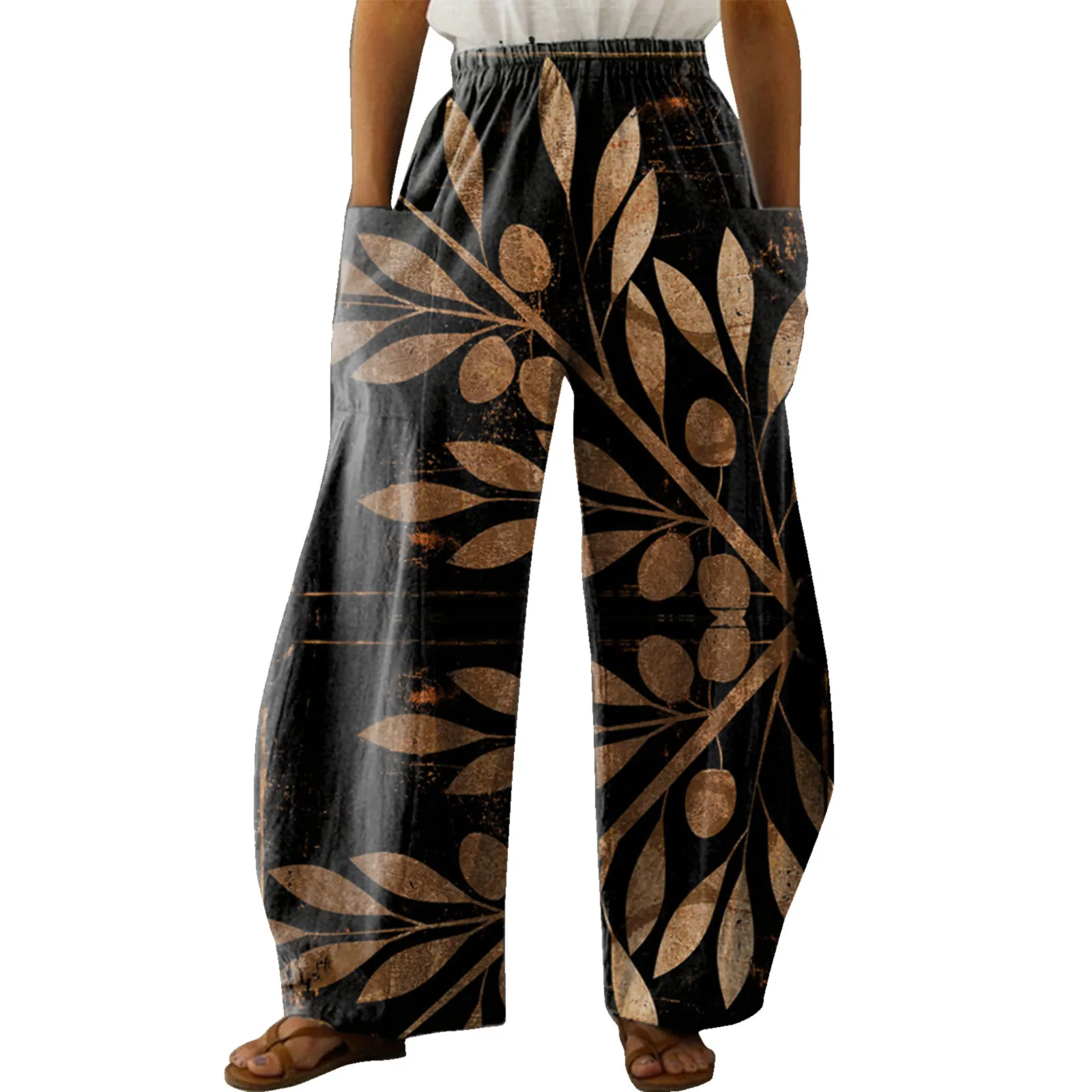 

Women High Waist Pants Pocket Elastic Printing Comfortable Loose Sports Pant Soft Slim Temperament Pants