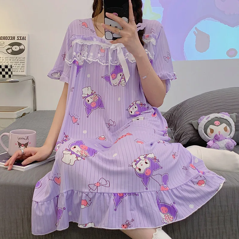 

Kawaii Kuromi My Melody Cinnamoroll свободный пижамный комплект с коротким рукавом женская летняя Sanrio аниме девушка сердце милая искусственная ночная рубашка
