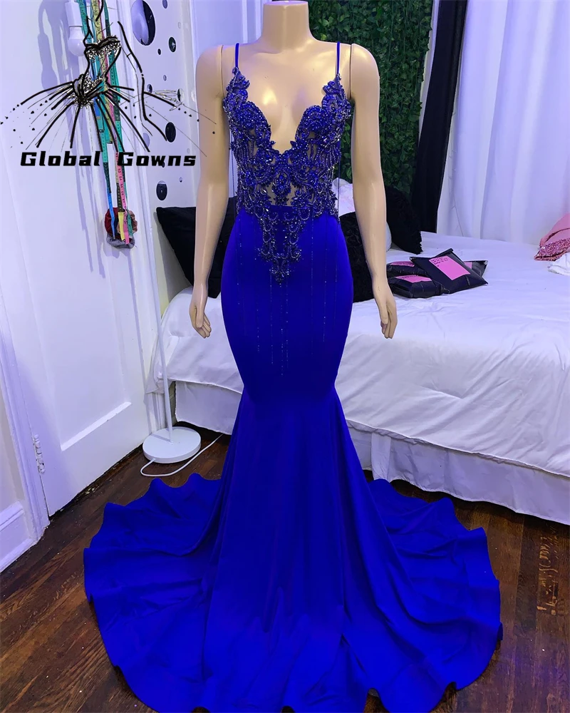 

Royal Blue Sweetheart Long Prom Dress For Black Girls Beaded Appliques Birthday Party Dresses Mermaid Evening Gown Backless Robe