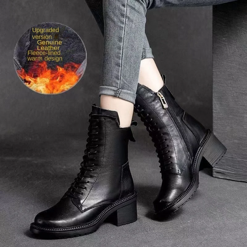 New Pu Leather High Quality Women's Boots Autumn Winter Square Mid Heel Ankle Boots Lace Up Zipper Ladies High Heels Botas Mujer