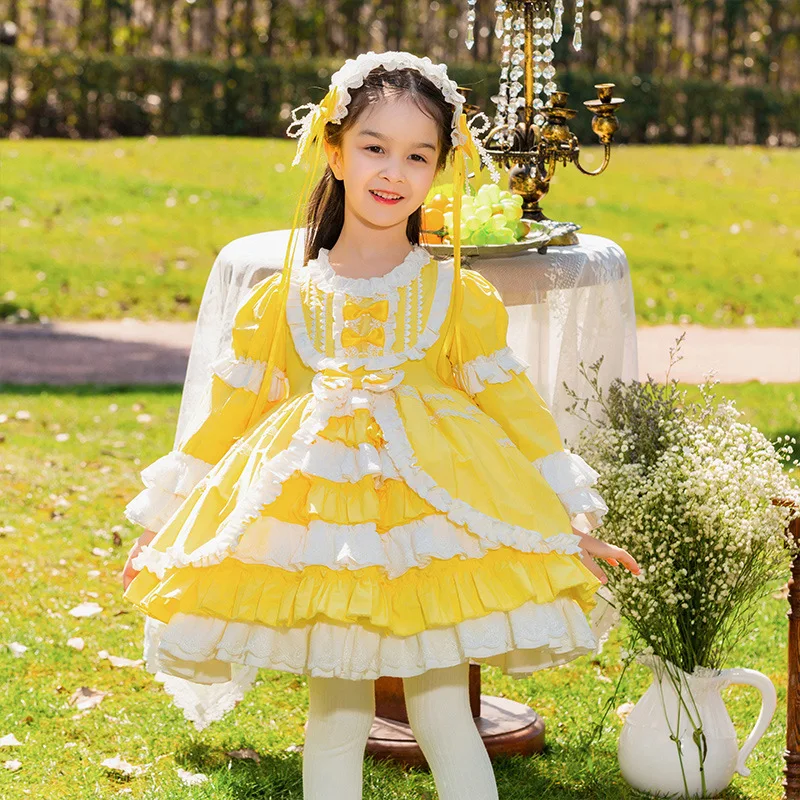 Spanish Turkish Royal Palace Princess Ball Gown Children's Long Sleeve Lace Stitching Birthday Party Eid Girl Lolita Dress