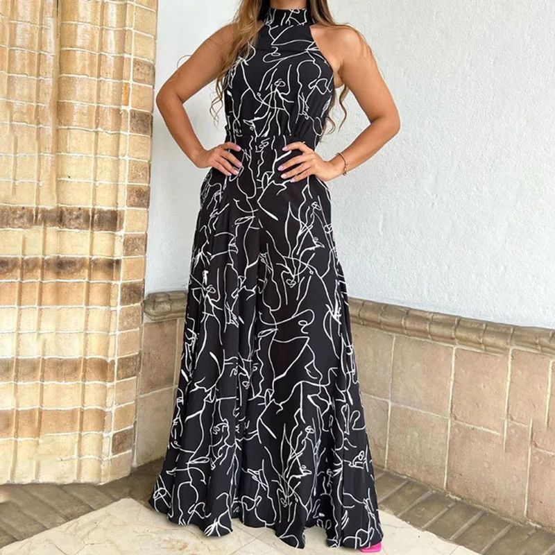 

Summer European and American Women's Dress Elegant Waist Tie Up Sleeveless Hanging Neck Pants Print Jumpsuits Top Sexy Clothing