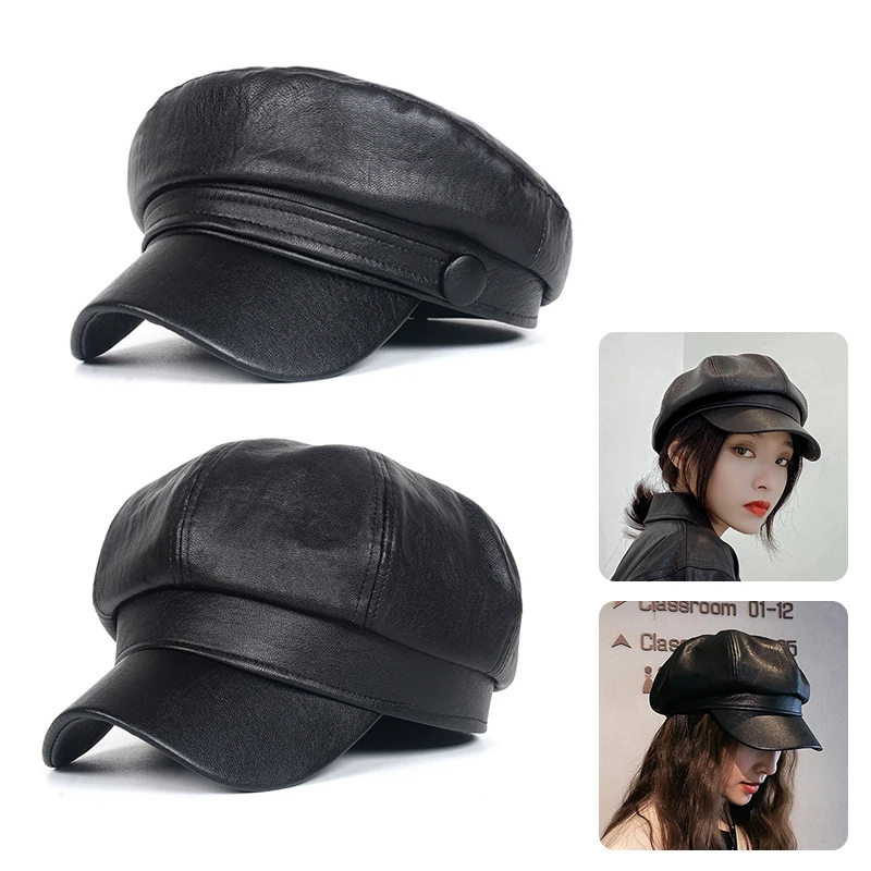 Casquette militaire unisexe en cuir PU  chapeau de capitaine de voyage à dessus plat noir