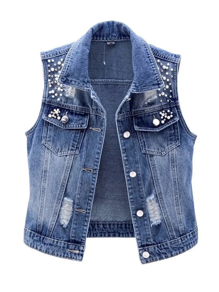 

Denim Women Vest Luxury Pearls Fashion Ripped Autumn Jeans Jacket Sleeveless Loose Short Coat Causal Waistcoats