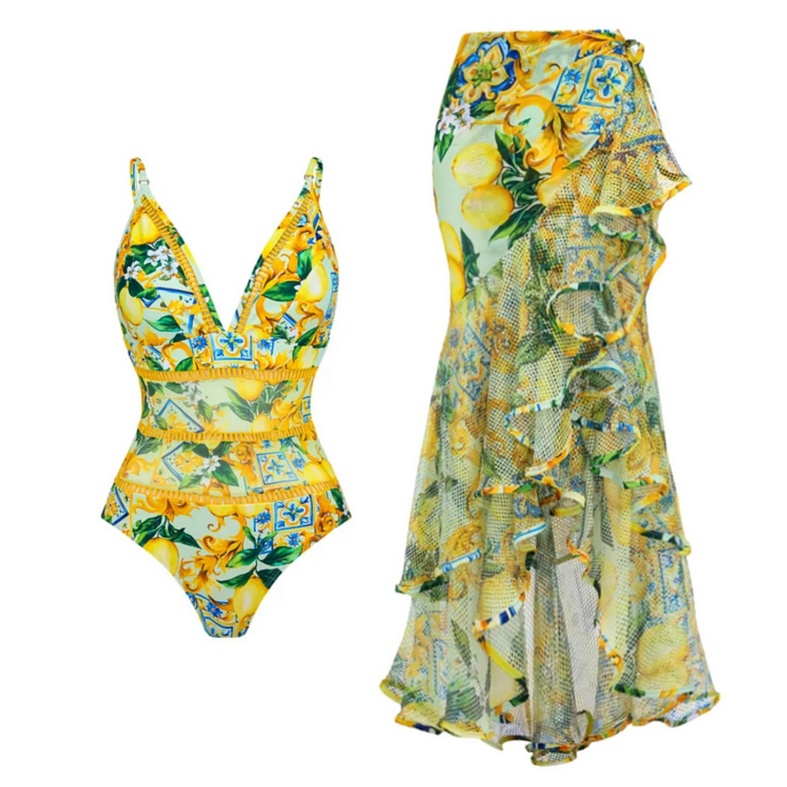 Женский Цельный купальник с эффектом пуш-ап и юбкой принтом лимона