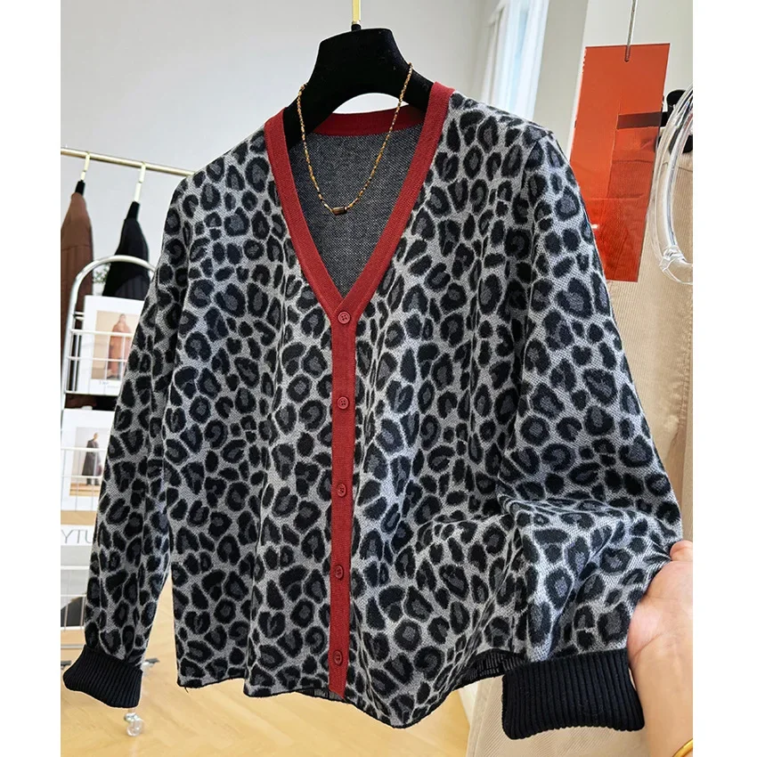 Высококачественный винтажный леопардовый свитер без шнуровки женский вязаный