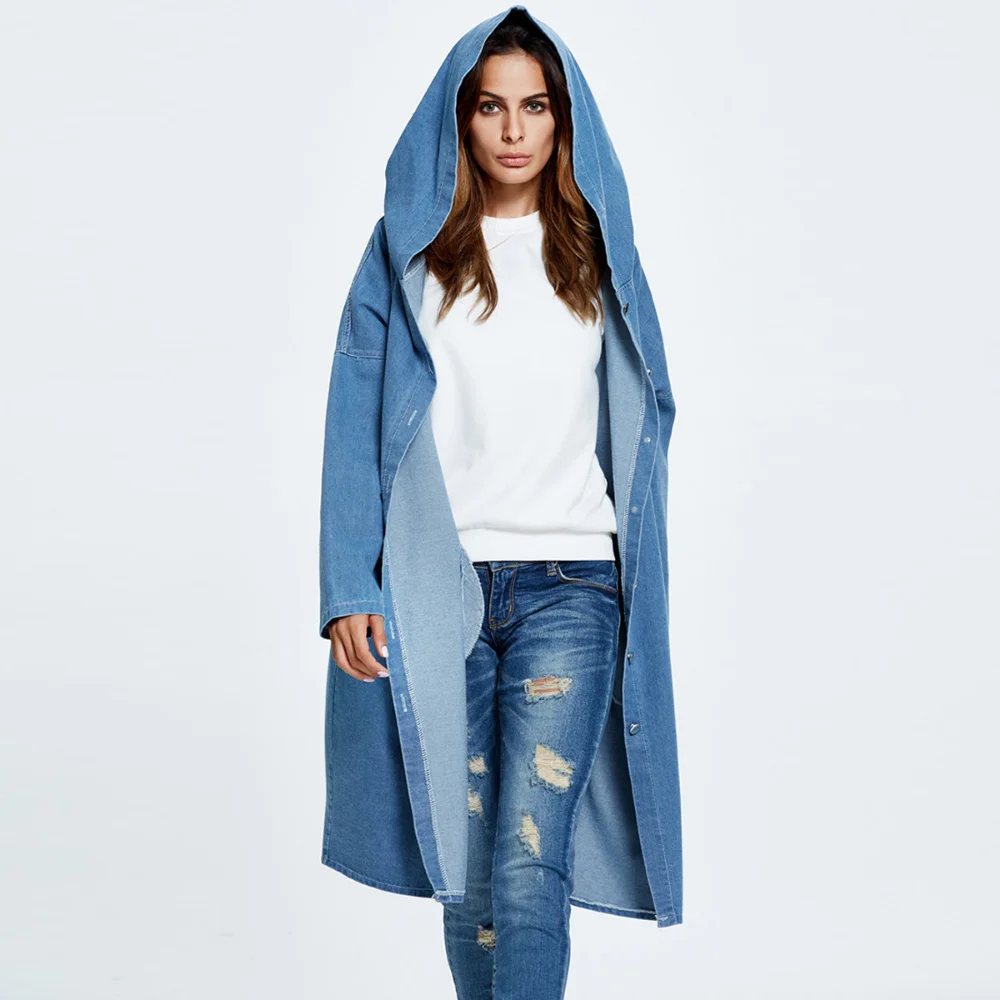 Long Jean Coat Women Hooded Denim Windbreaker Autumn Winter Fashion Loose Denim Jacket