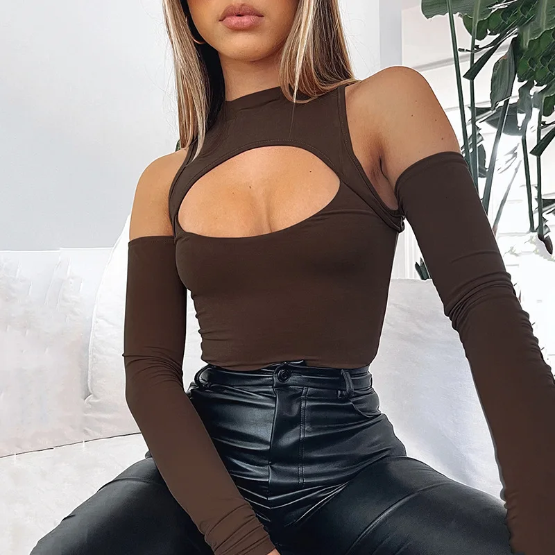 

Townlike Turtleneck Hollow Out Long Sleeve Sexy Crop Top T Shirt Women Tshirt Femme Short 2021 Autumn Winter T-shirt Streetwear