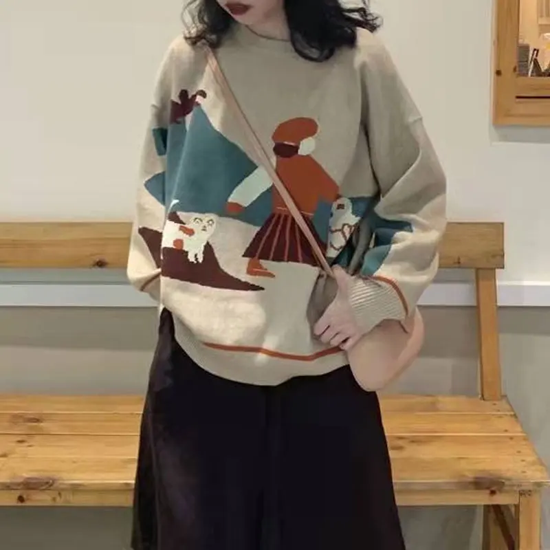 Женская одежда новинка 2023 свитеры с милым мультяшным принтом универсальные