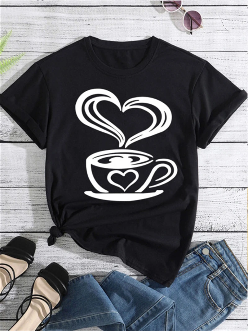 

Черные топы с принтом сердца FIXSYS Coffee, новинка, женская модная футболка для влюбленных, женская футболка с коротким рукавом и графическим при...