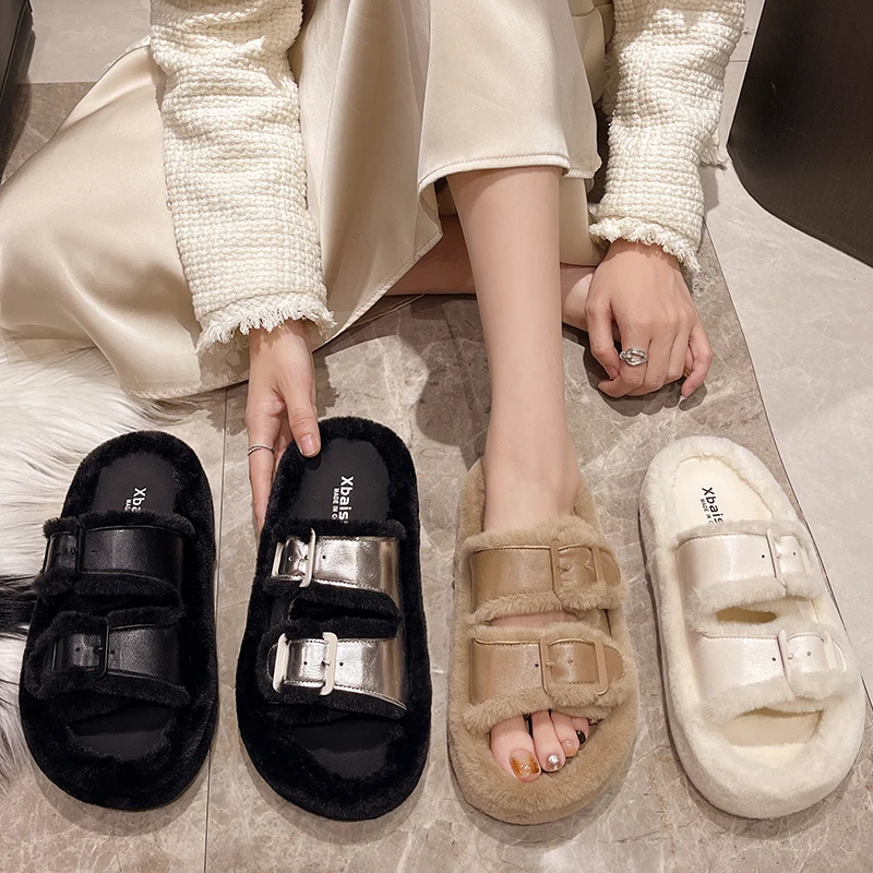 Женская обувь 2024 теплые шлепанцы на платформе меховые зимние плюшевые новые