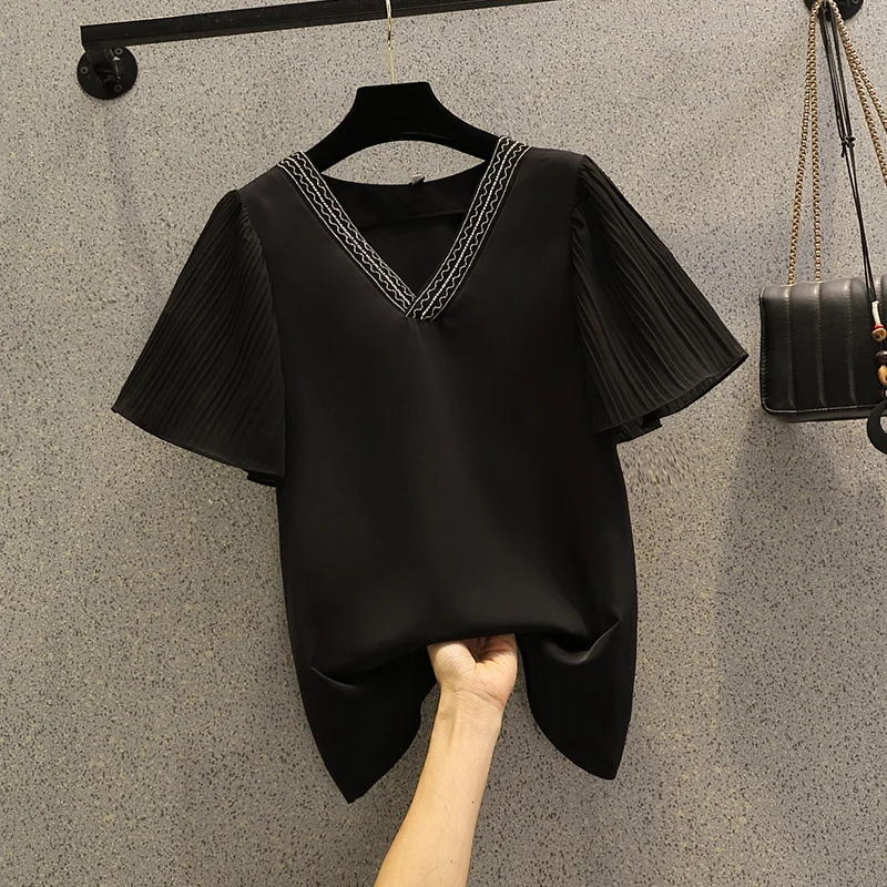 

SuperAen 2022 летняя новая повседневная оверсайз модная однотонная женская футболка с v-образным вырезом и рукавом-бабочкой