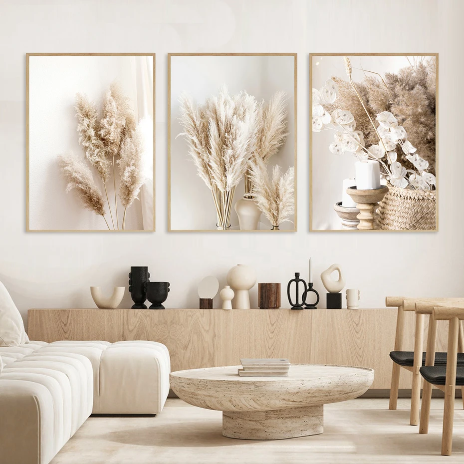 Постер с бежевым пейзажем озера лодки тростника пампаса трава Бохо декоративные