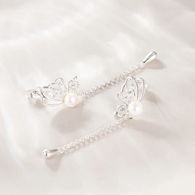 Женские серьги-гвоздики из серебра 925 пробы с длинными подвесками