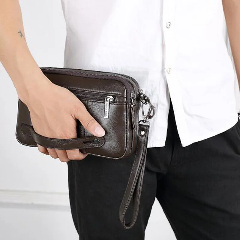 Men's Leather Clutch Purse Wallet Men Cowhide Wristlet Holder Wrist Bag Pack Business Cell Phone Cash Card Handbag images - 2