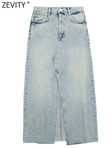 Zevity New Women Fashion Water Wash Old Style Front Split Midi Denim Skirt Faldas Mujer Female Chic Zipper Slim Vestidos QUN3727