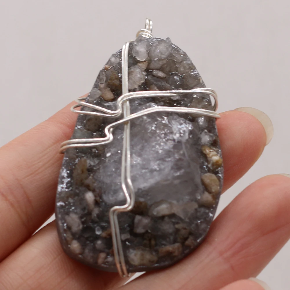 

Natural Stone Irregular Egg Winding Silver Wire Pendant For Jewelry MakingDIY Necklace Earring Accessories Gem Charms Gift Party